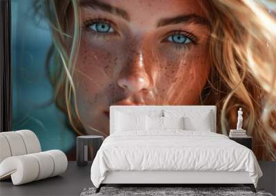 Sensitive close-up face portrait of beautiful blonde hair young woman with clean skin and freckles, curly hair looking at camera. Gorgeous human beauty, fashion, vacations and skin care concepts Wall mural