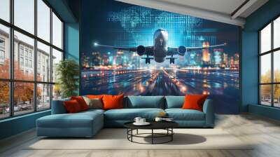 Technology digital future of commercial air transport concept, Airplane taking off from airport runway on city skyline and world map background with copy space, Moving by speed motion blur effect  Wall mural