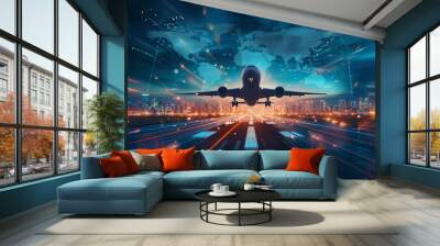 Technology digital future of commercial air transport concept, Airplane taking off from airport runway on city skyline and world map background with copy space Wall mural