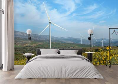 Windmills in a rural area during daylight. Wind power generation, alternative electricity source  Wall mural