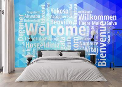 WELCOME word cloud in different languages, concept blue low poly background Wall mural