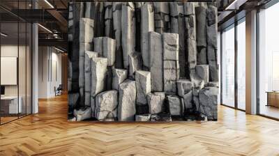 Column of basalt stone in The black sand beach of Reynisfjara and the mount Reynisfjall from the Dyrholaey promontory in the southern coast of Iceland. Wall mural