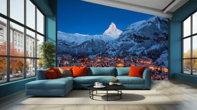 Early Morning landscape View on Zermatt city village  Valley and Matterhorn Peak in the Morning, Switzerland Wall mural