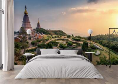 Landscape of two pagoda (noppha methanidon-noppha phon phum siri stupa) in an Inthanon mountain, chiang mai, Thailand Wall mural