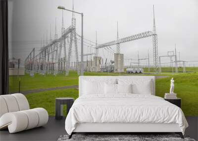 High voltage power substation with grey sky Wall mural