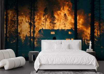 scary halloween background a man sets fire to a house Wall mural