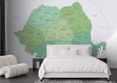 Detailed map of Romania with administrative divisions into regions and Counties, major cities of the country, vector illustration onwhite background Wall mural