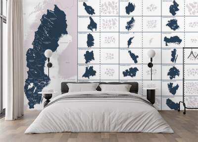 Vector color detailed map of Sweden with the administrative divisions of the country, each Regions is presented separately and divided into Municipalities Wall mural