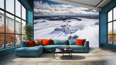 landscape with snow covered field in countryside Wall mural