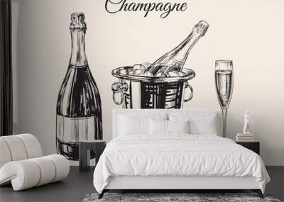 Champagne Glass Bottle Bucket Hand Drawing Vector Illustration Bubbles. Alcoholic Drink. Wall mural