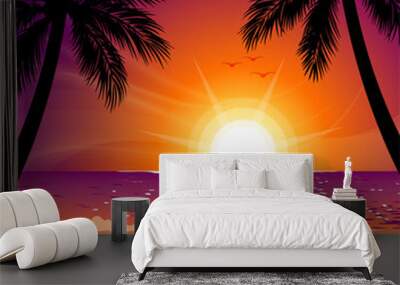 warm tropical beach sunset with palm trees Wall mural