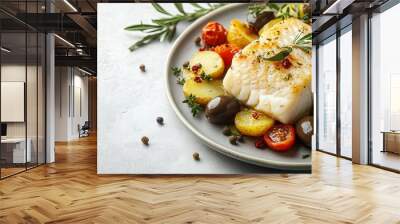 Baccala. The most popular Italian dishes. Salted cod, often served in chunks with vegetables. Composition: Salted cod, tomatoes, olives, potatoes, garlic. Wall mural