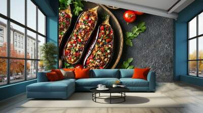 İmam Bayıldı. (A Imam Bayildi). The most popular Turkish dishes. Stuffed eggplant with onions, garlic, tomatoes, and herbs Wall mural