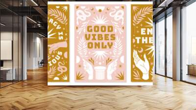 boho mystical posters with inspirational quotes about energy, magic and good vibes in trendy bohemia Wall mural