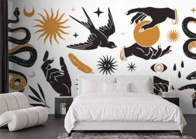 boho mystical set with hands, snakes, moon, sun, magic, bird, floral elements in trendy bohemian occ Wall mural