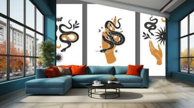 boho mystical vector posters with hands, snakes, moon, sun, magic and floral elements in trendy bohe Wall mural