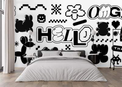 Bubble and pixel Y2k retro sticker pack. Balloon abstract shapes and 8bit icons in trendy retro style. Hello omg yeah. Cartoon graffiti tattoo vector illustration isolated on white background. Wall mural