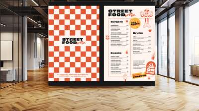 Burger retro cartoon fast food posters and cards. Comic character slogan quote and other elements for burger bar cafe restaurant. Menu, invitation, stories template. Groovy funky vector illustration. Wall mural