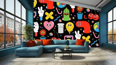 Cartoon characters background. Seamless pattern with funny stickers and patches in trendy retro cartoon style. Wall mural