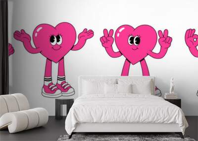 Cartoon heart characters. Cute love symbols with faces different poses hands and feet. Playful cheeky happy hearts in trendy retro comic style. Love concept in pink magenta color. Happy Valentines day Wall mural