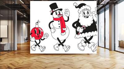 Christmas cartoon characters. Set of vector comic illustrations with snowman, Santa Claus in trendy retro cartoon style. Wall mural