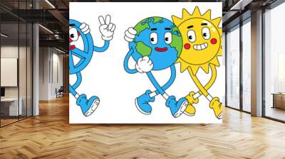 Earth, Peace, Love in trendy retro cartoon style. Funny globe, heart, sun, planet, flower characters with smiley face. Wall mural