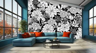 Floral hand drawn seamless pattern with flowers. Wall mural