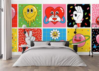 Funny cartoon characters. Square posters, sticker pack. Vector illustration of heart, patch, hands, abstract faces etc. Wall mural