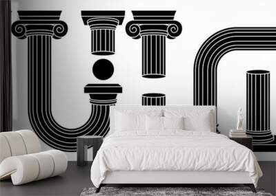 Greek ancient column, pillar, pedestal in outline contemporary style. Black and white colors. Wall mural