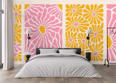 Groovy abstract flower art set. Organic doodle shapes in trendy naive retro hippie 60s 70s style. Contemporary poster and background. Floral botanic vector illustration in pink, yellow, orange colors. Wall mural