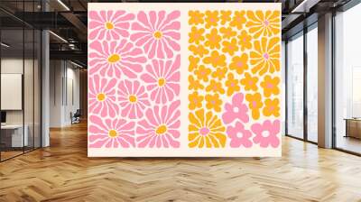 Groovy abstract flower art set. Organic doodle shapes in trendy naive retro hippie 60s 70s style. Contemporary poster and background. Floral botanic vector illustration in pink, yellow, orange colors. Wall mural