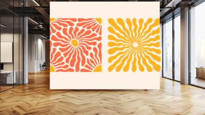 Groovy abstract flower art set. Organic doodle shapes in trendy naive retro hippie 60s 70s style. Contemporary poster and background. Floral botanic vector illustration in pink, yellow, orange colors. Wall mural