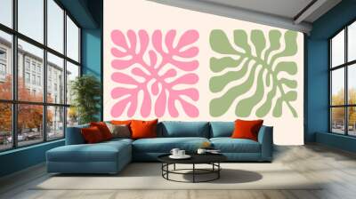 Groovy abstract flower art set. Organic doodle shapes in trendy naive retro hippie 60s 70s style. Contemporary poster and background. Floral botanic vector illustration in pink, yellow, orange colors. Wall mural