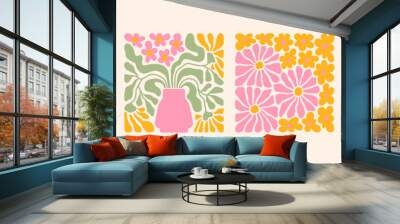 Groovy abstract flower art set. Organic doodle shapes in trendy naive retro hippie 60s 70s style. Contemporary poster and background. Floral botanic vector illustration in pink, yellow, orange colors. Wall mural