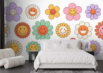 Groovy flower cartoon characters. Funny happy daisy with eyes and smile. Sticker pack in trendy retro trippy style. Isolated vector illustration. Hippie 60s, 70s style. Wall mural