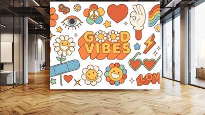 Groovy hippie 70s set. Funny cartoon flower, rainbow, peace, Love, heart, daisy, mushroom etc. Sticker pack in trendy retro psychedelic cartoon style. Isolated vector illustration. Flower power. Wall mural