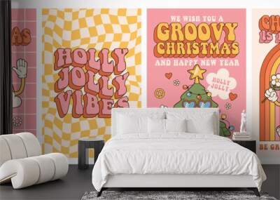 Groovy hippie Christmas. Rainbow, Christmas tree, smile, holly jolly vibes in trendy retro cartoon style. Happy New year greeting card, poster, template, print, party invitation, background. Wall mural