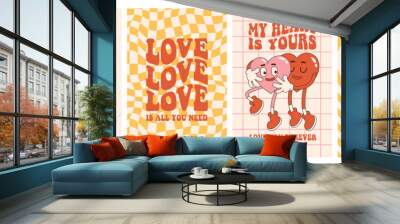 Groovy lovely hearts posters. Love concept. Happy Valentines day greeting card. Funky background in trendy retro 60s 70s cartoon style. Vector illustration in pink red colors. Wall mural