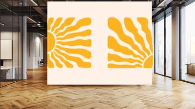 Groovy retro abstract sun backgrounds. Organic doodle shapes in trendy naive hippie 60s 70s style. Contemporary poster print banner template. HorizontalWavy vector illustration in yellow colors. Wall mural