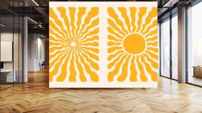 Groovy retro abstract sun backgrounds. Organic doodle shapes in trendy naive hippie 60s 70s style. Contemporary poster print banner template. Vertical Wavy vector illustration in yellow colors. Wall mural