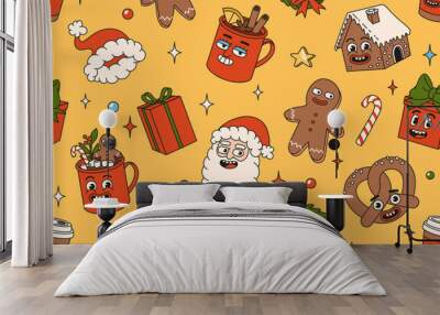 Merry Christmas and Happy New year seamless pattern. Santa Claus, gifts, cocoa, coffee, gingerbread in trendy retro cartoon style. Textile, wrapping paper, wallpaper with funny comic characters. Wall mural