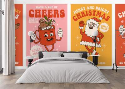 Merry Christmas and Happy New year. Santa Claus, reindeer, cocoa, gift in trendy retro cartoon style. Greeting cards, template, posters, prints, party invitations and backgrounds. Red and pink colors. Wall mural