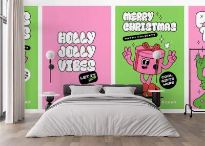 Merry Christmas groovy funny cartoon posters. Christmas tree,gift box and cute heart character in trendy funky retro cartoon style. Greeting cards, template, posters, prints and backgrounds. Wall mural