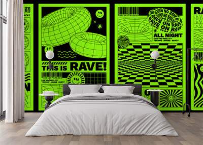 Rave psychedelic acid posters. Trippy illustrations, surreal geometric shapes, smile, abstract backgrounds and patterns. Retro futuristic vector flyers and cards in trendy psychedelic weird 90s style. Wall mural