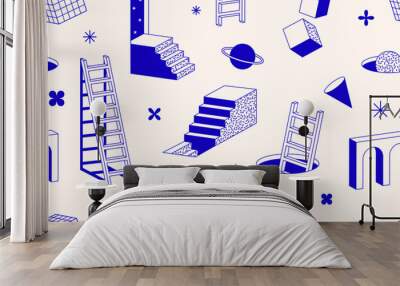 Surreal geometric shapes. Abstract vector elements and signs in trendy minimal outline style. Arch, stairs, column etc. Wall mural