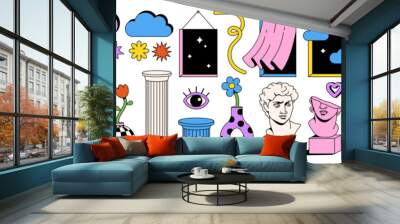 Surreal psychedelic cartoon sticker pack. Cartoon flowers and vase, abstract shapes clouds, greek sculpture and statue, arch, window, column in trendy playful cartoon style. Vector illustrations. Wall mural