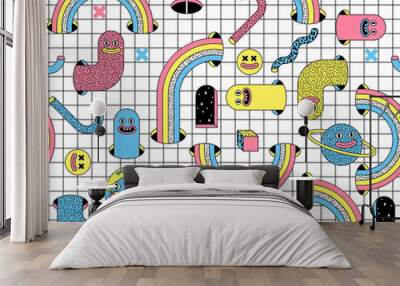 Surreal vector seamless pattern with emoji, rainbow, arch, space in trendy psychedelic weird cartoon style. Wall mural