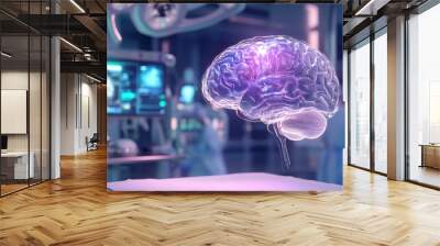 3D Holographic Brain in High-Tech Surgical Environment, A futuristic 3D holographic brain projection in a modern surgical room, highlighting advanced medical technology and neuroscience innovations Wall mural