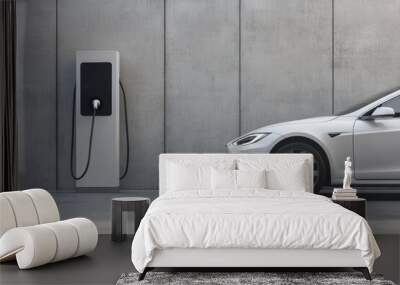 Electric Car Charging at Modern Station in Minimalist Setting, Electric vehicle connected to a sleek charging station against a concrete wall, representing clean energy and modern transportation 

 Wall mural