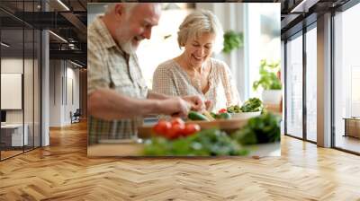 Senior Couple Preparing Fresh Salad Together in the Kitchen, Happy senior couple chopping fresh vegetables and preparing a healthy salad together in their kitchen, enjoying the process.

 Wall mural